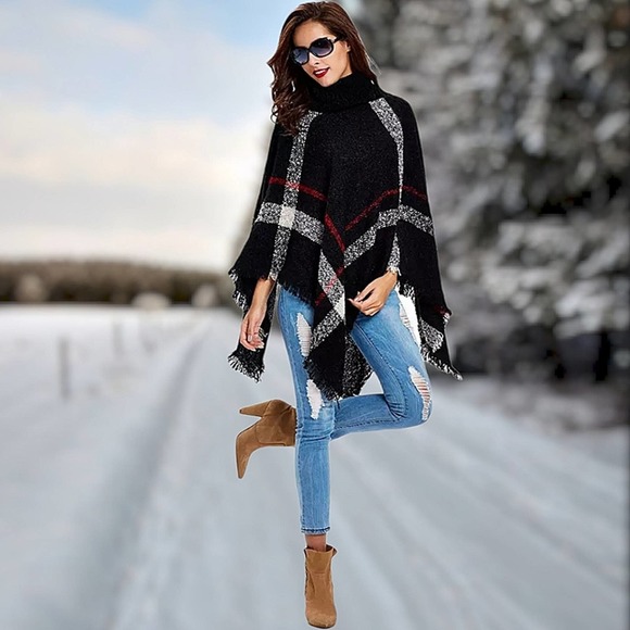 Black Plaid Turtle Neck Sweater Poncho - Picture 4 of 5